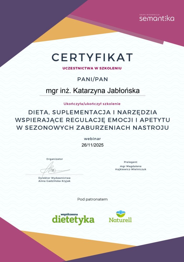 Certyfikat Jabłońska dietetyk 5